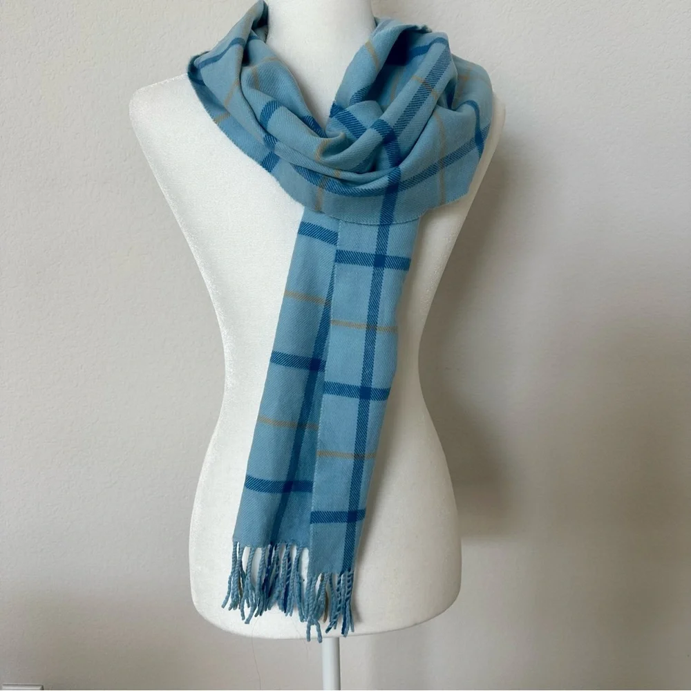 100% Cashmere Mens Scarf Made In Scotland Light Blue Tan Plaid Fringed 63” Lux